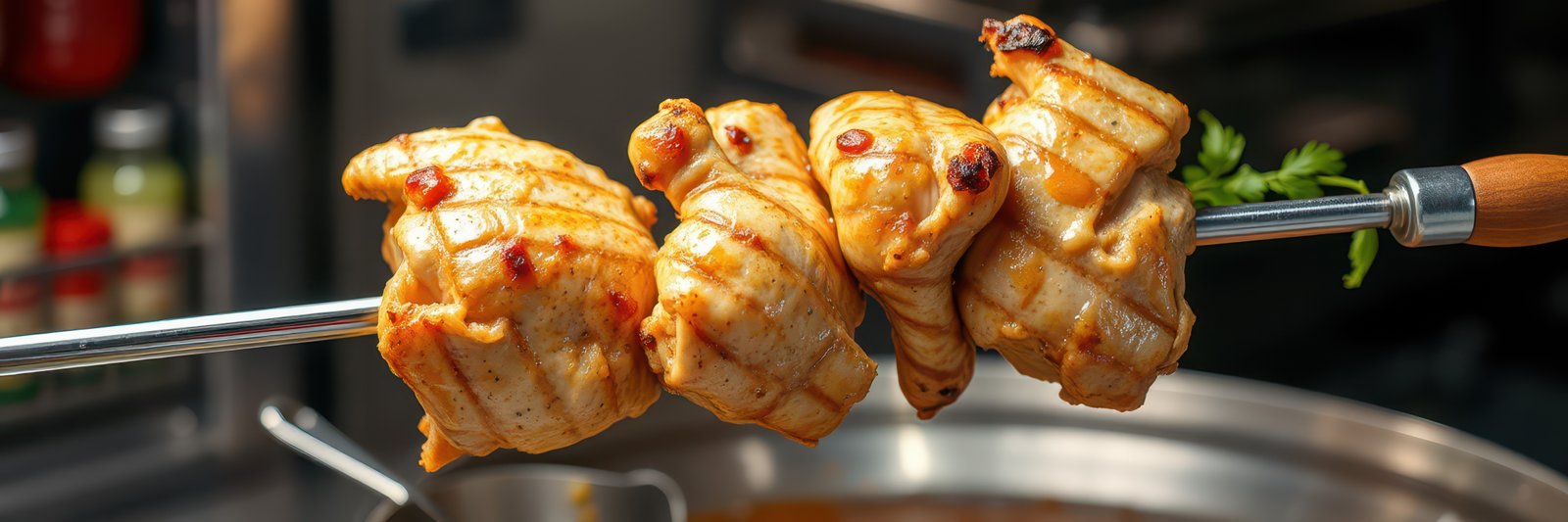Grilled skewers of marinated meat prepared in a vibrant kitchen during a lively cooking session